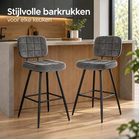 Set van 2 barkrukken van fluweel met rugleuning, zithoogte 68,5 cm, door BukkitBow, geschikt voor keuken of bar.