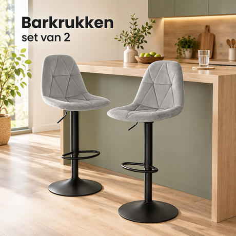 Set van 2 velvet barkrukken met rugleuningen, draaibaar, in hoogte verstelbaar van 60 tot 81 cm, ideaal voor moderne keukens.