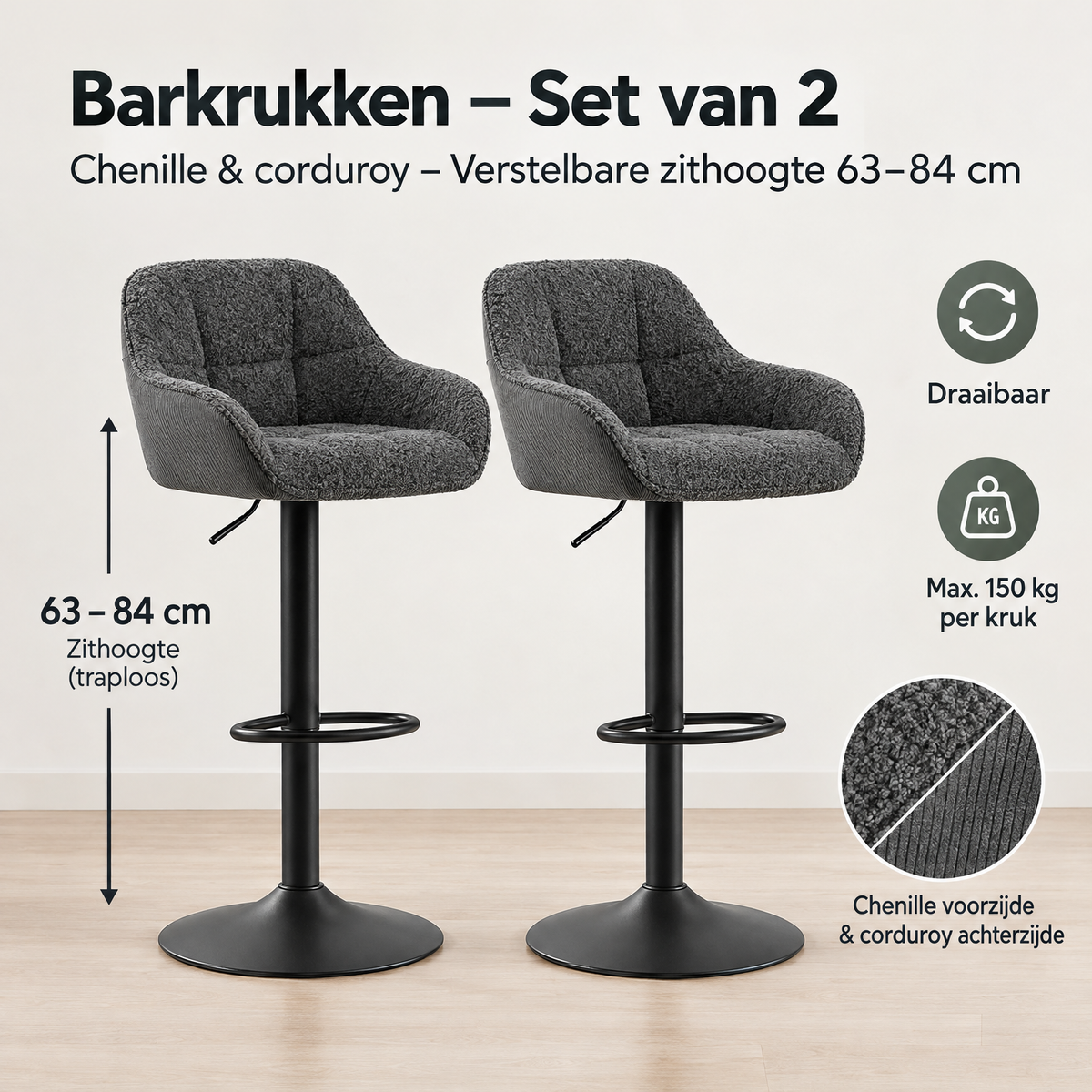 Afmetingen en productspecificaties van barkrukken set van 2
