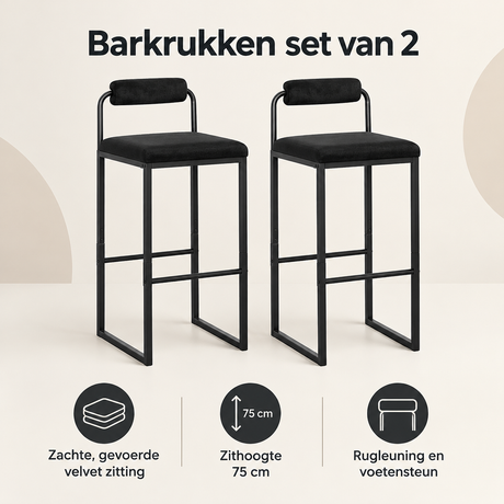 Set van 2 barkrukken van BukkitBow met velvet zitting en rugleuning, zithoogte 75 cm, modern en comfortabel design.