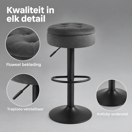 Detail van materiaal en afwerking van barkrukken zonder rugleuning
