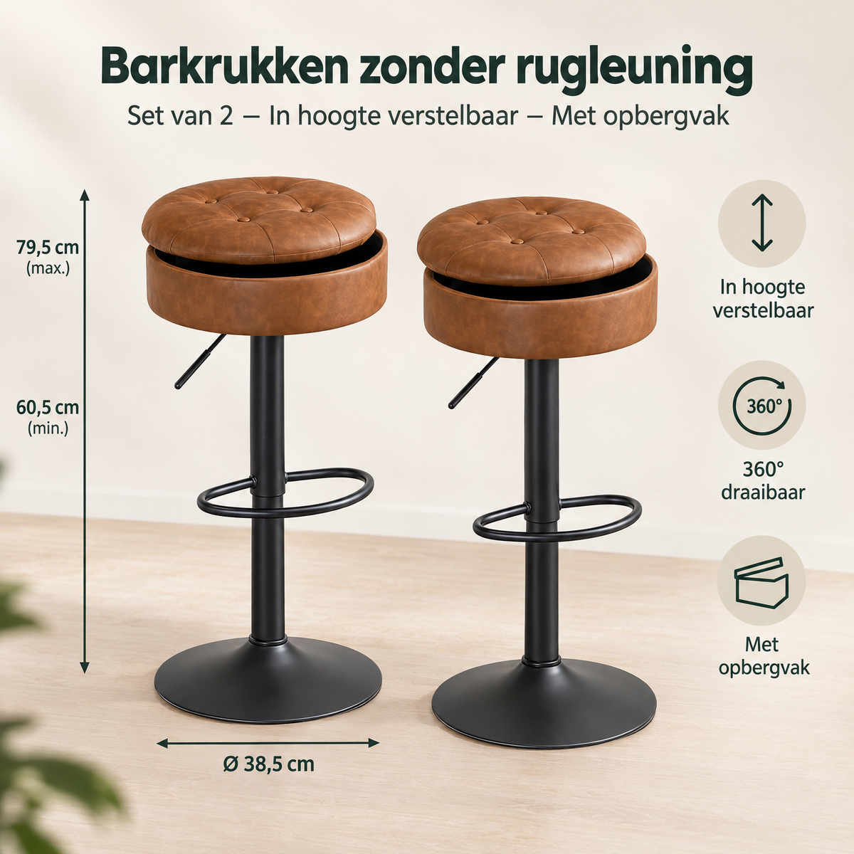 Afmetingen en productspecificaties van barkrukken zonder rugleuning
