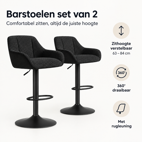 Set van 2 verstelbare, draaibare barstoelen van BukkitBow met rugleuning en zithoogte van 63-84 cm, geschikt voor elke bar of keuken.