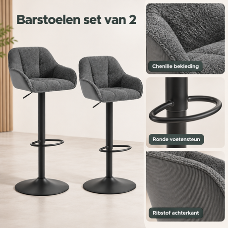 Set van 2 verstelbare en draaibare BukkitBow barstoelen met rugleuning, zithoogte 63-84 cm, geschikt voor eetbar of keuken.