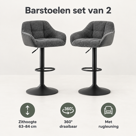 Set van 2 verstelbare, draaibare barkrukken met rugleuning van BukkitBow, zithoogte 63-84 cm, geschikt voor bar en keuken.
