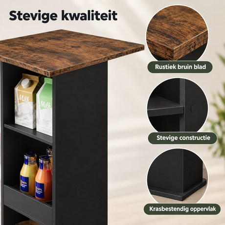 Detail van materiaal en afwerking van bartafel met opbergruimte