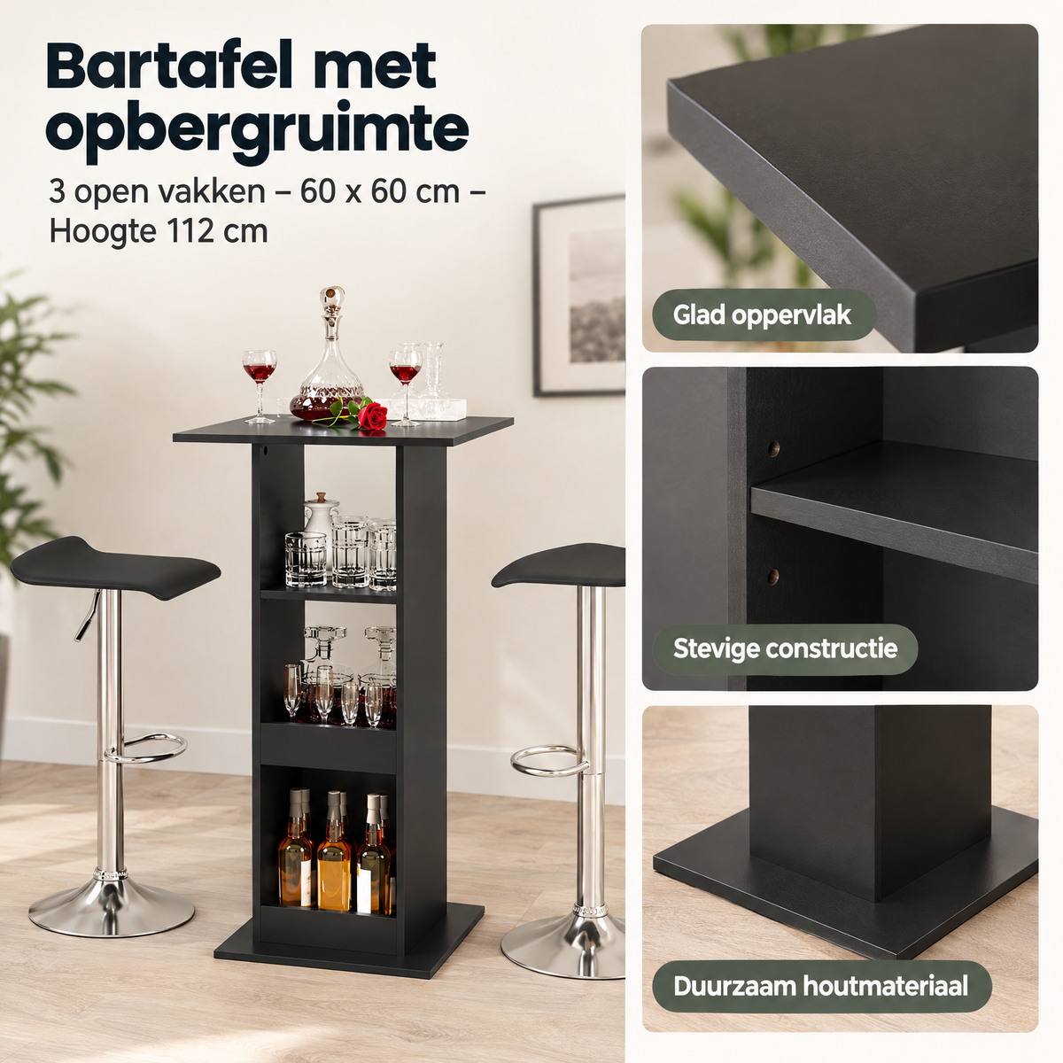 Detail van materiaal en afwerking van bartafel met opbergruimte