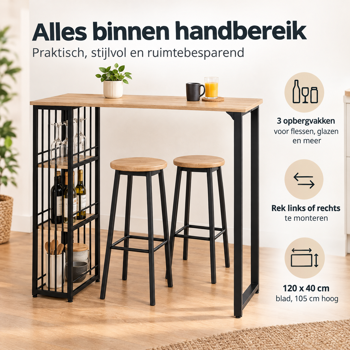 Praktische toepassing en keuzehulp voor bartafel met opbergruimte