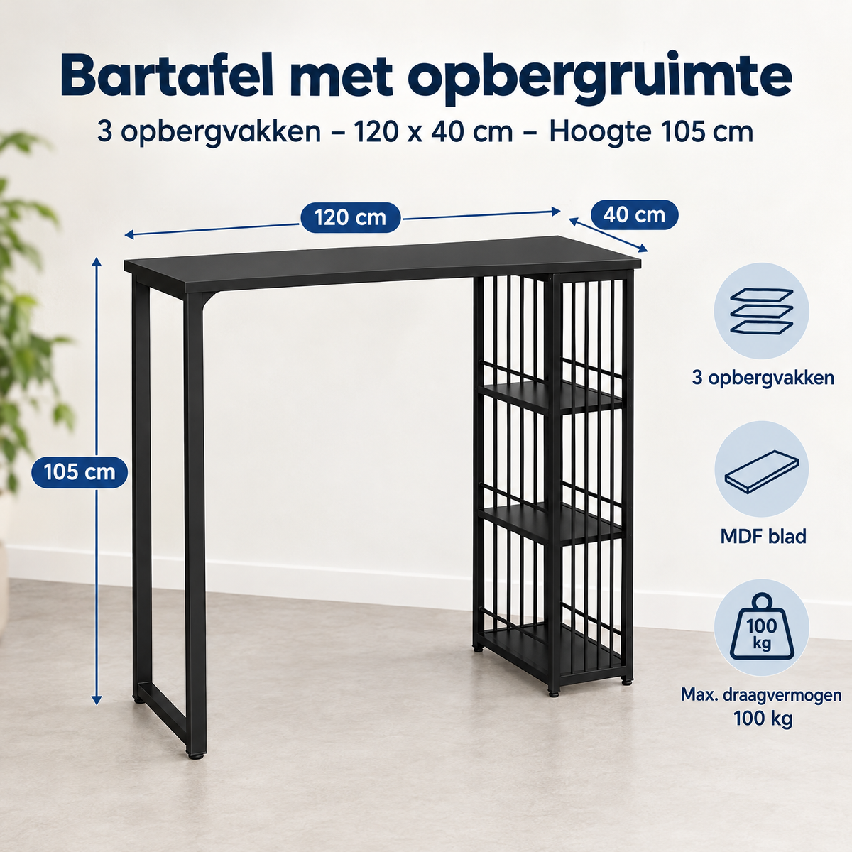 Afmetingen en productspecificaties van bartafel met opbergruimte