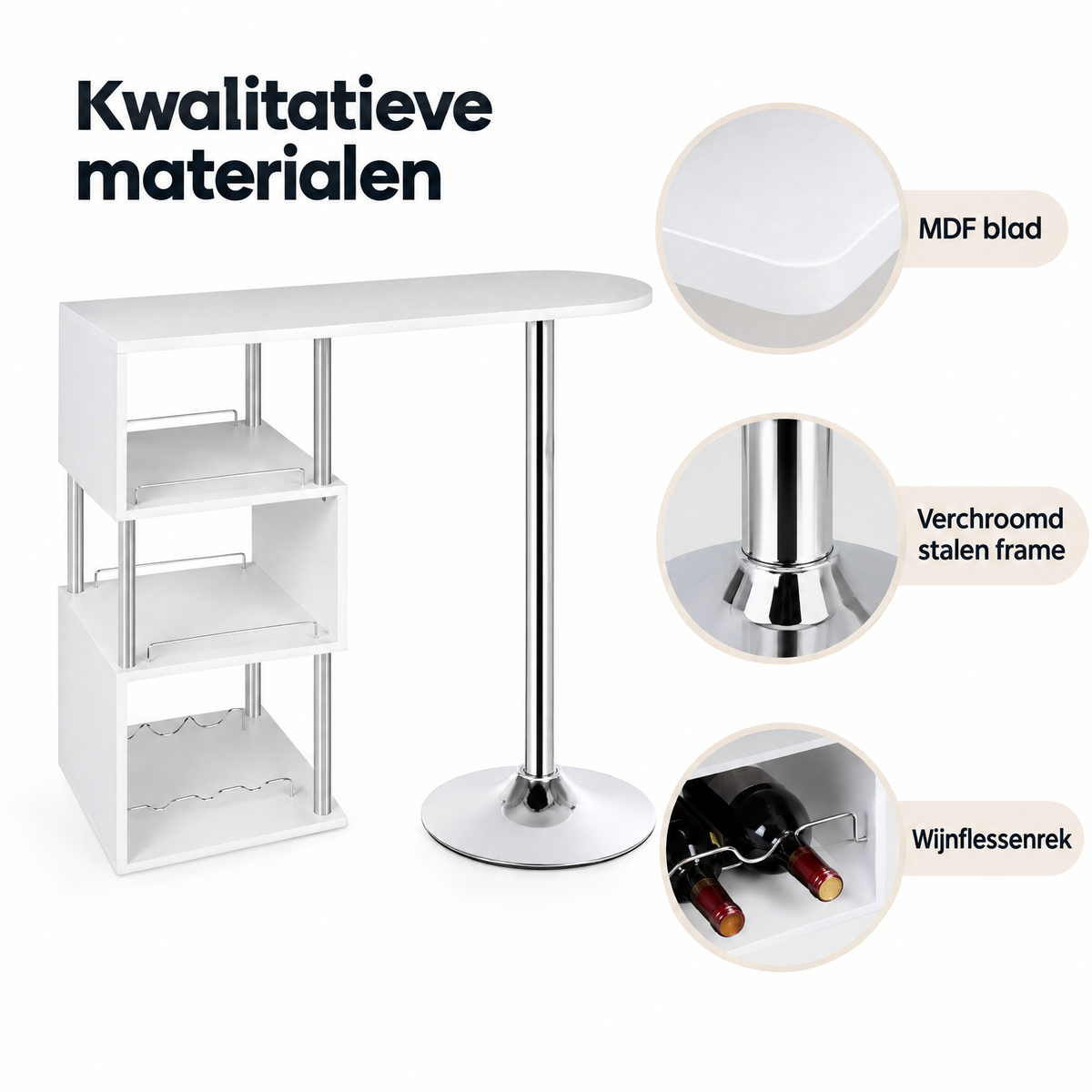 Detail van materiaal en afwerking van bartafel met wijnrek