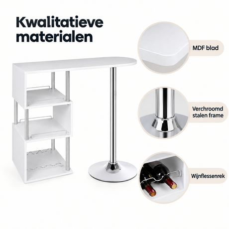 Detail van materiaal en afwerking van bartafel met wijnrek