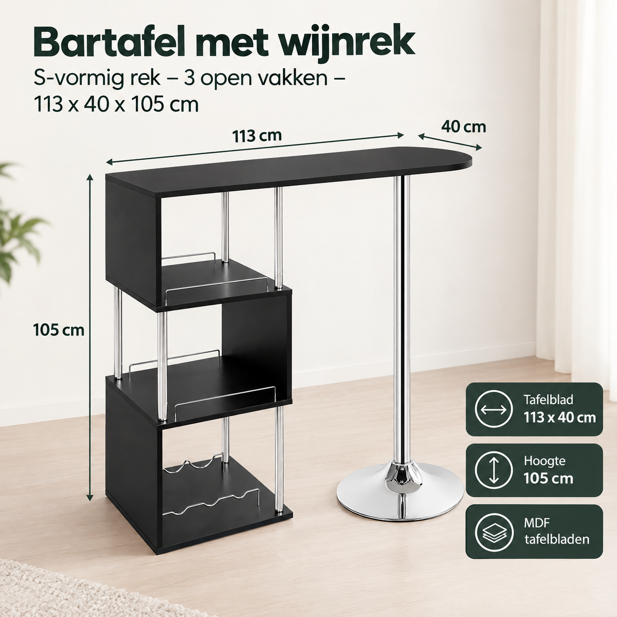 Afmetingen en productspecificaties van bartafel met wijnrek