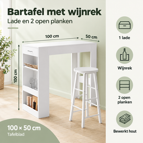 Afmetingen en productspecificaties van bartafel met wijnrek