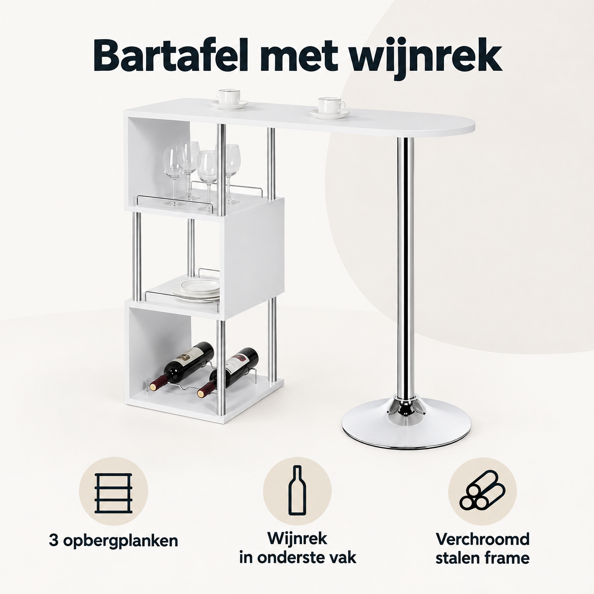 Overzicht van bartafel met wijnrek met de belangrijkste productvoordelen
