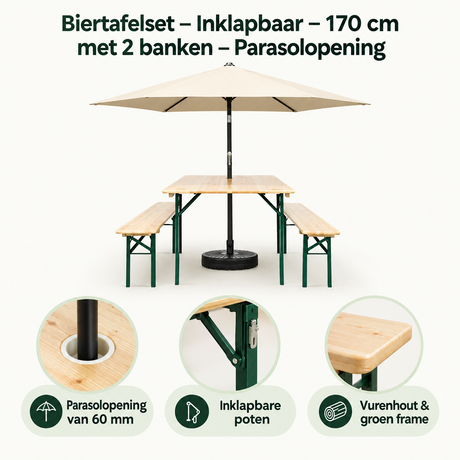 Inklapbaar BukkitBow biertafelset van 170 cm met 2 banken en parasolopening, geschikt voor buitengebruik