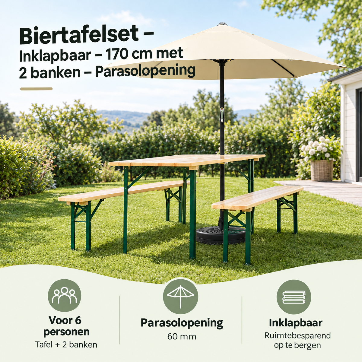Inklapbaar BukkitBow biertafelset van 170 cm met 2 banken en parasolopening, ideaal voor buitengebruik