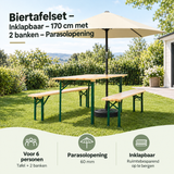 Inklapbaar BukkitBow biertafelset van 170 cm met 2 banken en parasolopening, ideaal voor buitengebruik