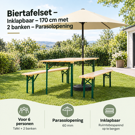 Inklapbaar BukkitBow biertafelset van 170 cm met 2 banken en parasolopening, ideaal voor buitengebruik