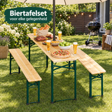 Inklapbaar biertafelset van BukkitBow met 170 cm tafel, 2 banken en parasolopening, geschikt voor buitengebruik.