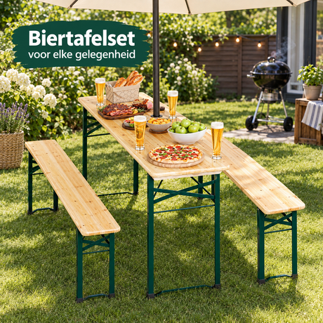 Inklapbaar biertafelset van BukkitBow met 170 cm tafel, 2 banken en parasolopening, geschikt voor buitengebruik.
