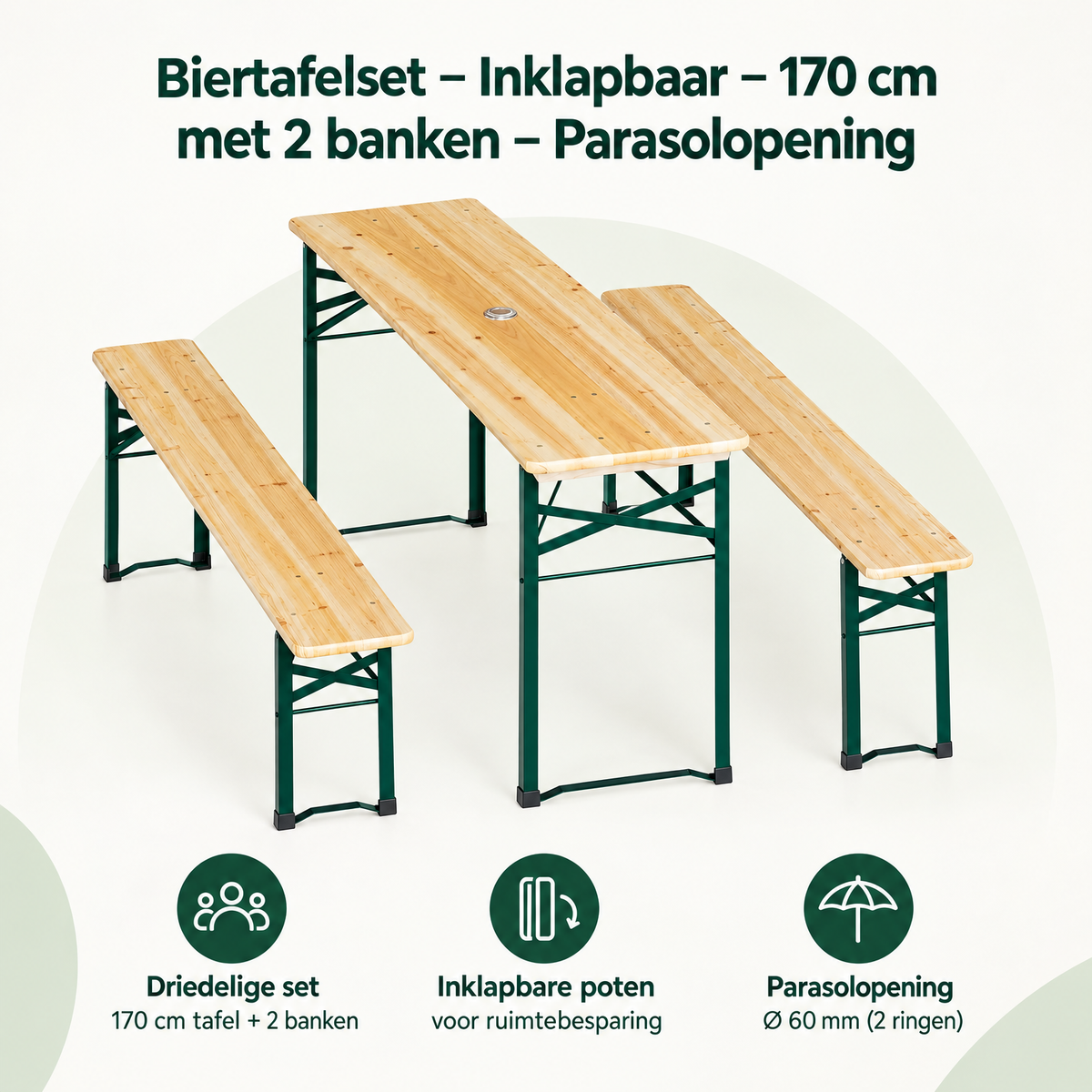 Inklapbaar Biertafelset van BukkitBow met 170 cm tafel, 2 banken en parasolopening, geschikt voor buitengebruik