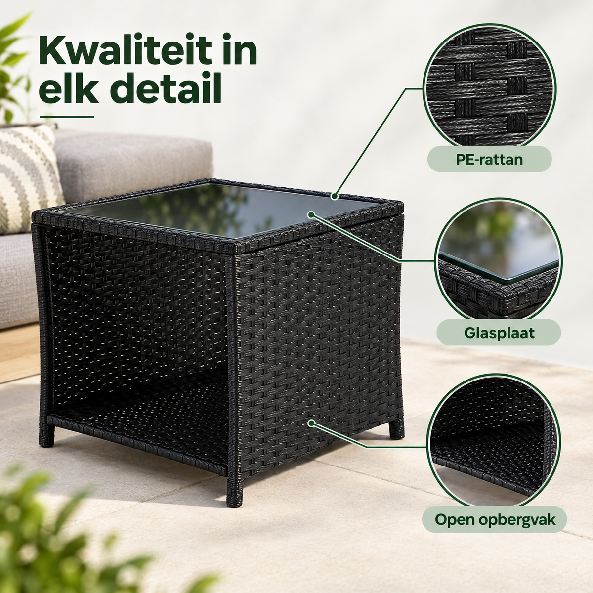 Detail van materiaal en afwerking van bijzettafel buiten