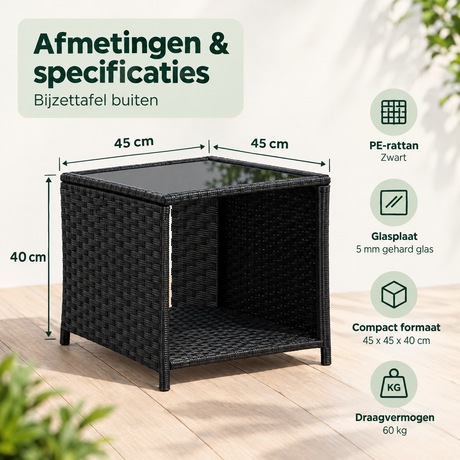 Afmetingen en productspecificaties van bijzettafel buiten