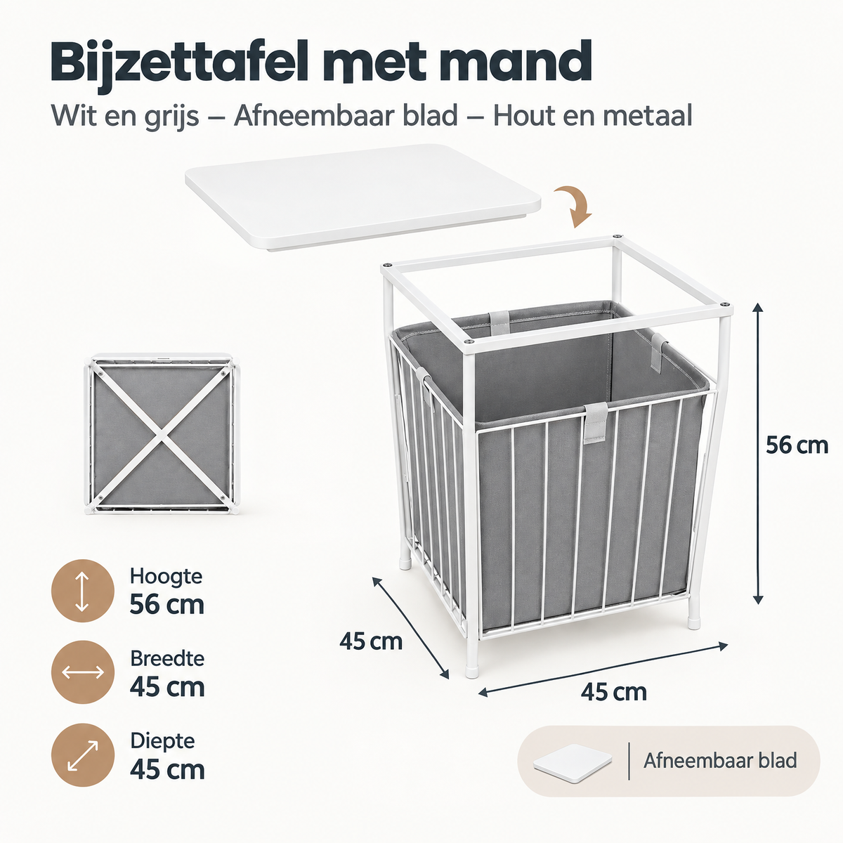 Afmetingen en productspecificaties van bijzettafel met mand