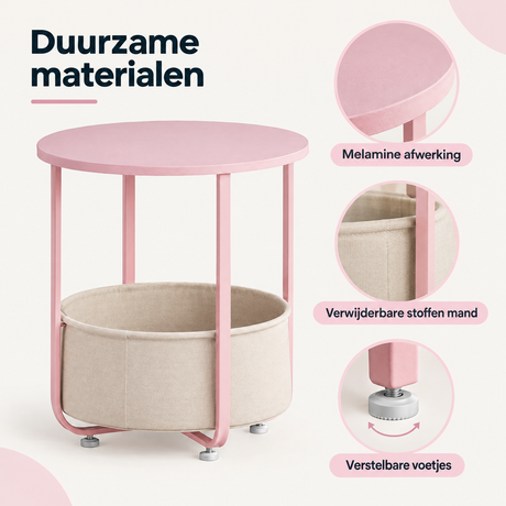 Detail van materiaal en afwerking van bijzettafel met opbergmand