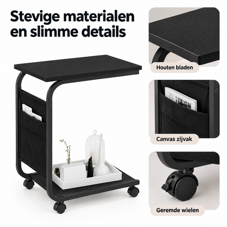 Detail van materiaal en afwerking van bijzettafel op wielen zwart