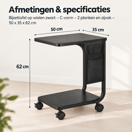 Afmetingen en productspecificaties van bijzettafel op wielen zwart