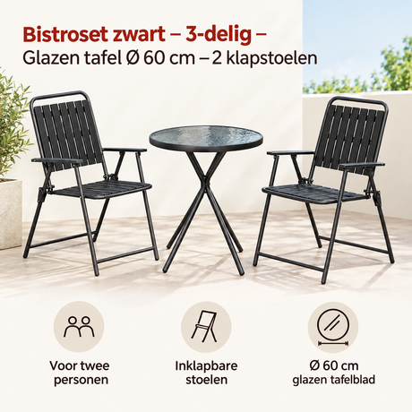 Zwart bistroset BukkitBow met glazen tafel Ø 60 cm en twee klapstoelen, perfect voor kleine buitenruimtes.