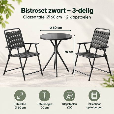 Zwart bistroset van BukkitBow met glazen tafel Ø 60 cm en twee klapstoelen, geschikt voor binnen en buiten.