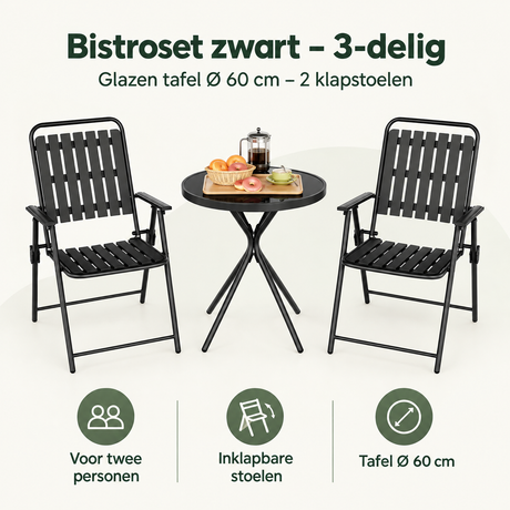 BukkitBow bistroset zwart met glazen tafel Ø 60 cm en twee klapstoelen, 3-delige set voor buitengebruik.