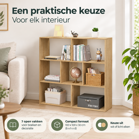 Witte of licht eiken Boekenkast met 7 vakken, afmetingen 100x100x30 cm, van BukkitBow, praktische opbergoplossing.