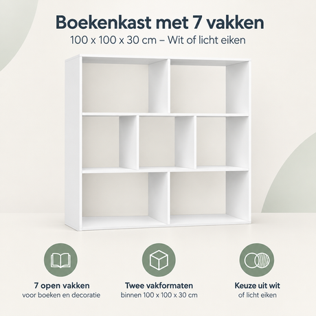 Witte of licht eiken boekenkast met 7 vakken en afmetingen 100x100x30 cm, ideaal voor boeken en decoratie.