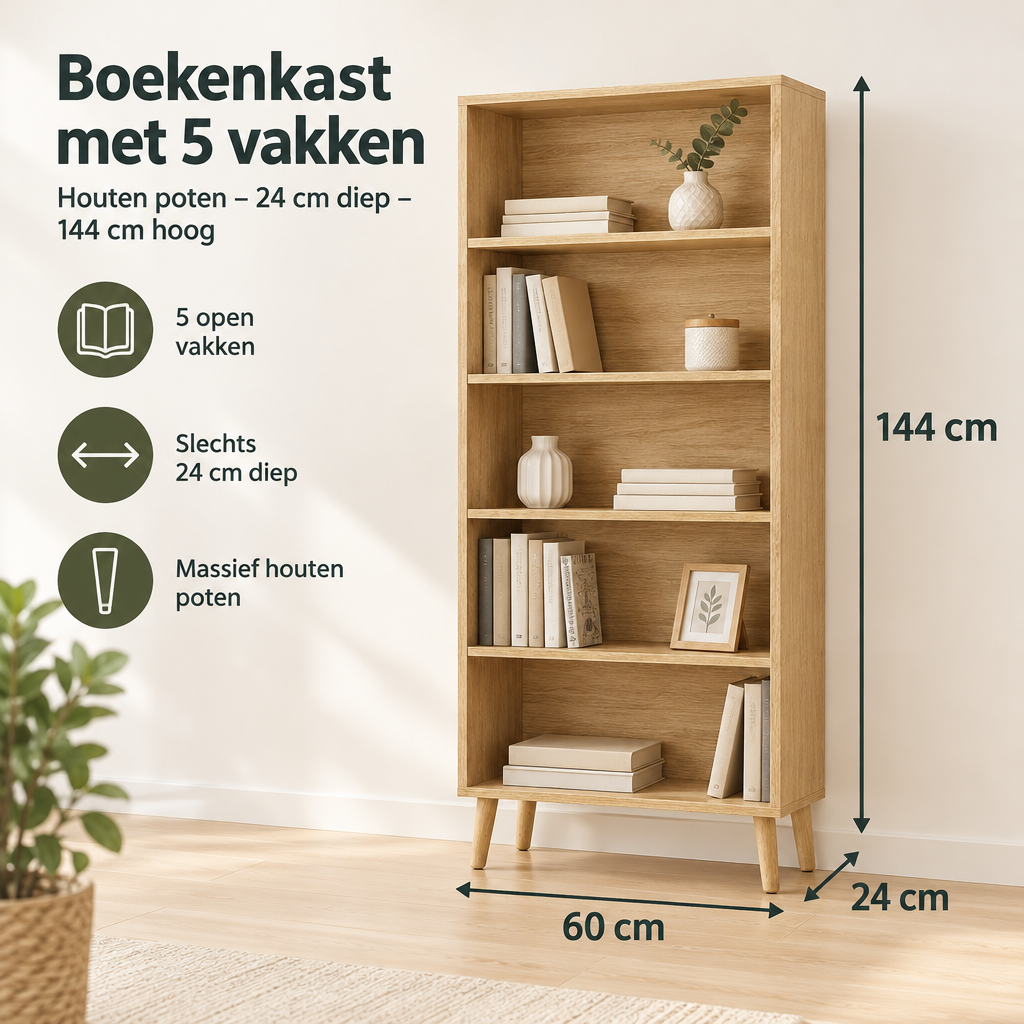 Afmetingen en productspecificaties van boekenkast met 5 vakken