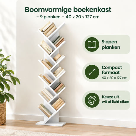 Boomvormige boekenkast van BukkitBow met 9 planken, afmetingen 40x20x127 cm, stevige houten constructie voor stijlvolle opbergruimte.