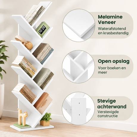 Boomvormige boekenkast van BukkitBow met 9 planken, gemaakt van hout, in detail zichtbaar met natuurlijke afwerking.