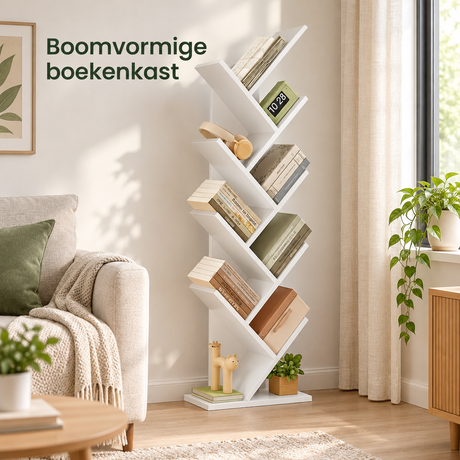 Boomvormige Boekenkast van BukkitBow met 9 planken, afmetingen 40x20x127 cm, in een stijlvolle woonkamer setting