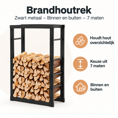 Zwart metalen brandhoutrek van BukkitBow, geschikt voor binnen en buiten, verkrijgbaar in 7 maten.
