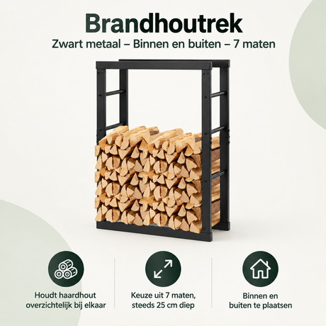 Zwart metalen brandhoutrek van BukkitBow, geschikt voor binnen en buiten, verkrijgbaar in 7 maten voor opslag en organisatie.