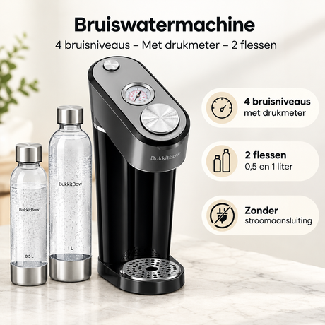 BukkitBow bruiswatermachine met 4 bruisniveaus, drukmeter en 2 flessen, ideaal voor fris bruisend water.