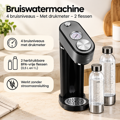 BukkitBow bruiswatermachine met 4 niveaus, drukmeter en 2 flessen, ideaal voor bruisend water thuis.