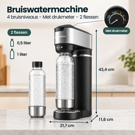 BukkitBow bruiswatermachine met 4 bruisniveaus, drukmeter en 2 flessen voor fris bruisend water.