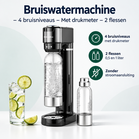 BukkitBow bruiswatermachine met 4 instelbare bruisniveaus, drukmeter en 2 flessen, overzicht van kernvoordelen.