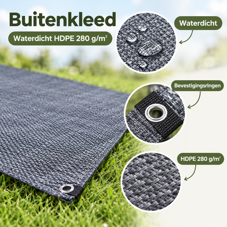 Waterdicht buitenkleed van BukkitBow met bevestigingsringen, HDPE 280 g/m², zichtbaar in close-up, diverse maten mogelijk.