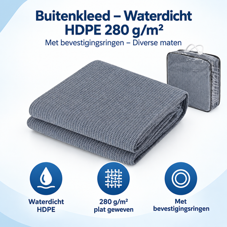 Waterdicht buitenkleed van BukkitBow met bevestigingsringen, gemaakt van HDPE 280 g/m², diverse maten zichtbaar in afbeelding.
