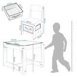 BukkitBow 3-in-1 kindertafel met omslaarbaar schoolbord en opbergruimte, veilig ontwerp, afmetingen 63x63x51cm.