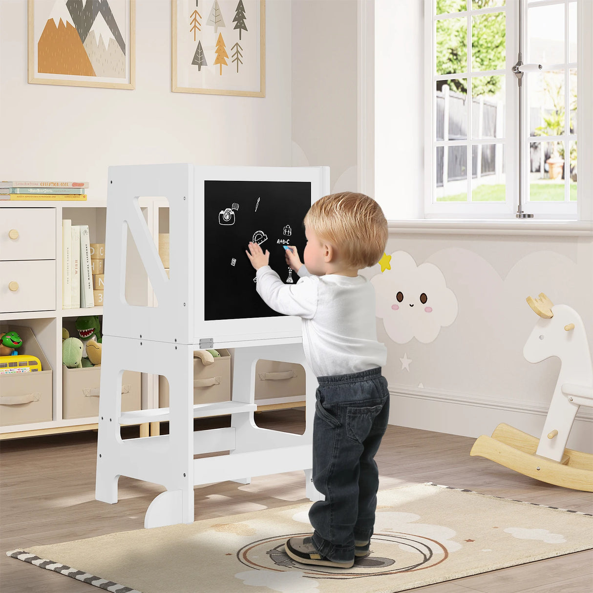 BukkitBow 3-in-1 Montessori leertoren met kinderstoel en bureau, ontworpen voor jonge kinderen om veilig te leren en spelen.